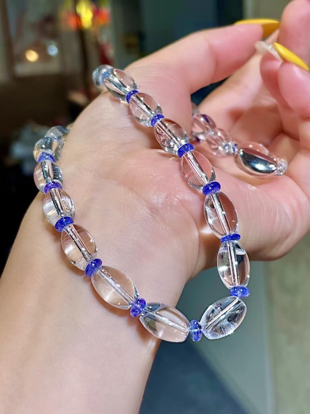 Clear Abacus Bead and Blue Accent Bead Necklace, 41cm