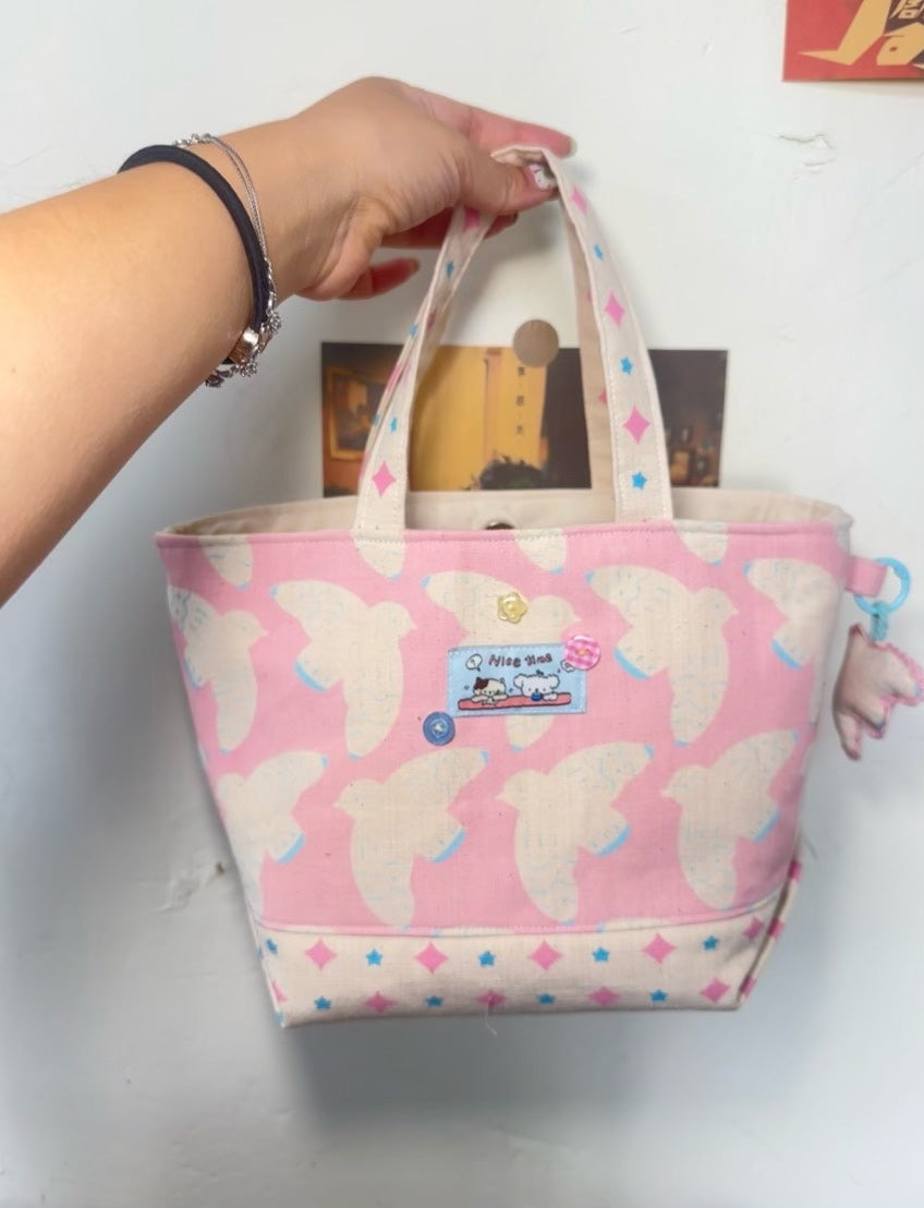 Handwoven Pink Bird Small Tote Bag