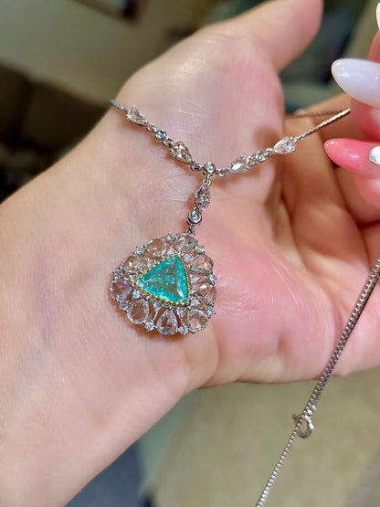 18K White Gold Paraiba Tourmaline Necklace, 1.18 Carat Main Stone, Diamond Halo