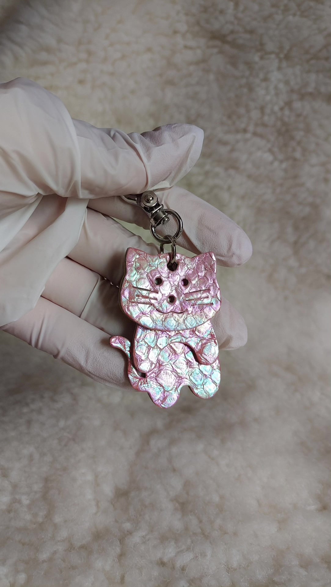 Peach Pink Dragon Scale Leather Cat Keychain