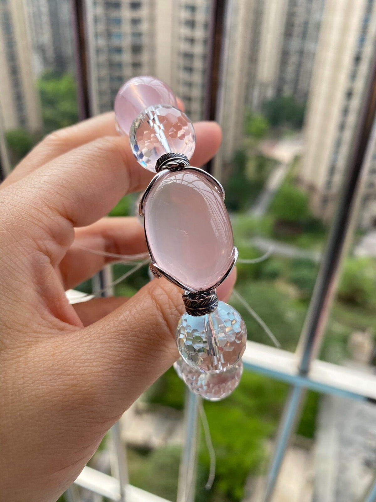 Rose Quartz Clear Quartz Silver Beaded Bracelet