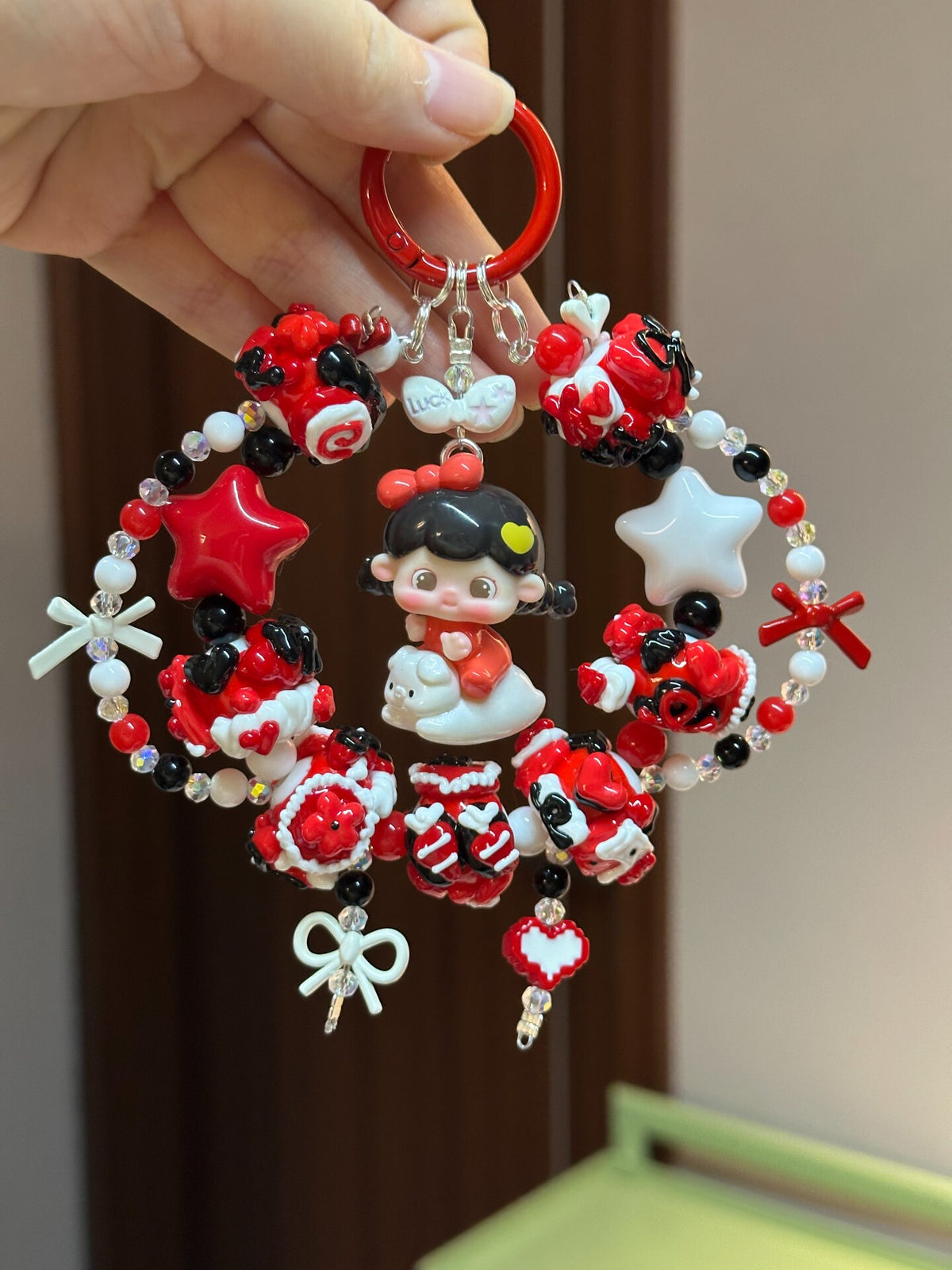Red Black Beaded Girl Figurine Keychain