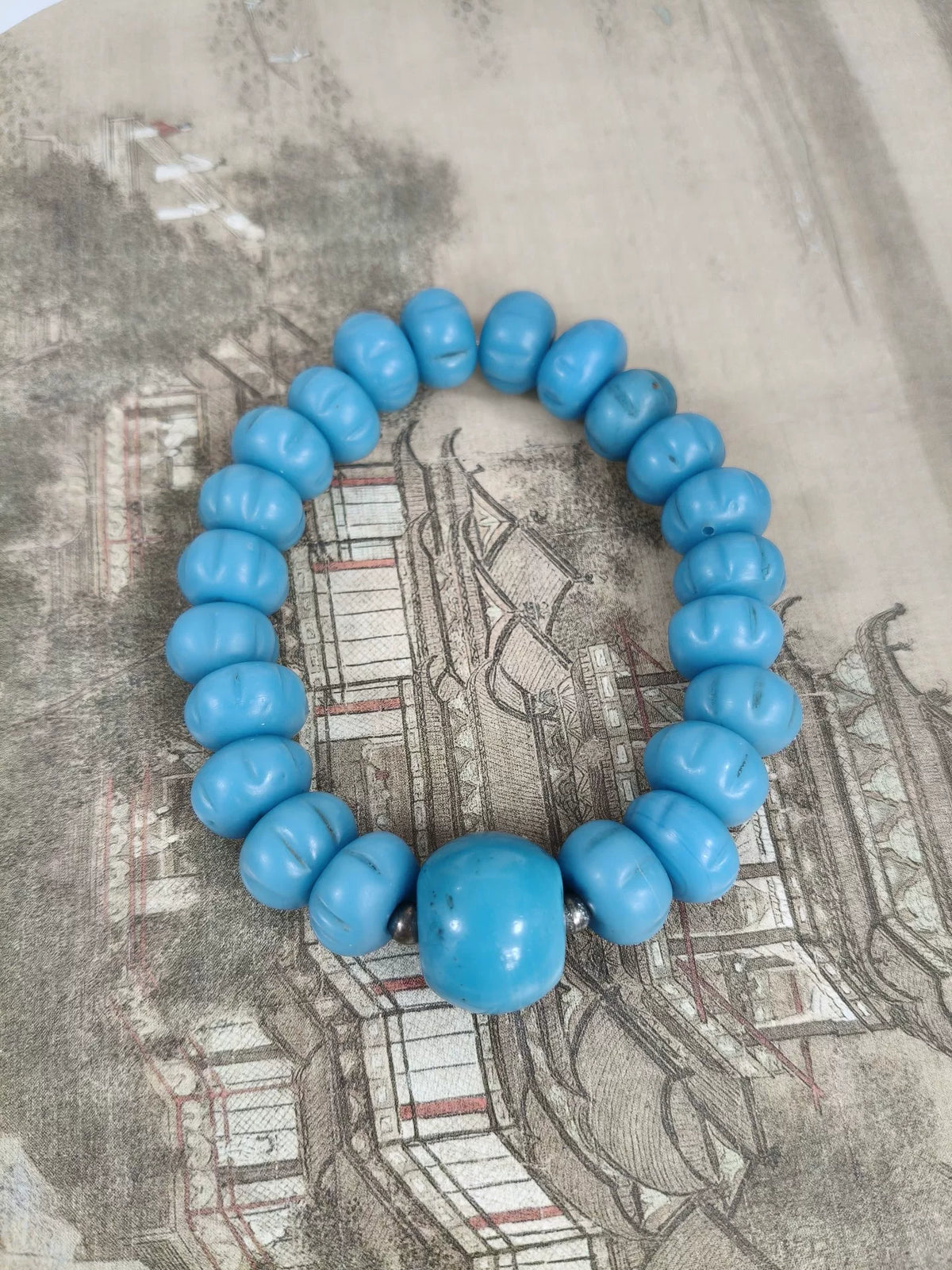 Vintage Liuli Glass Melon Bead Bracelet Turquoise