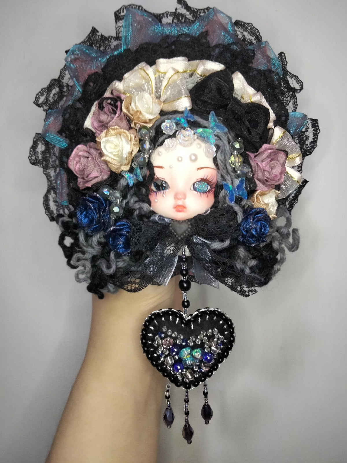 Handmade Clay Doll Head Brooch Gothic
