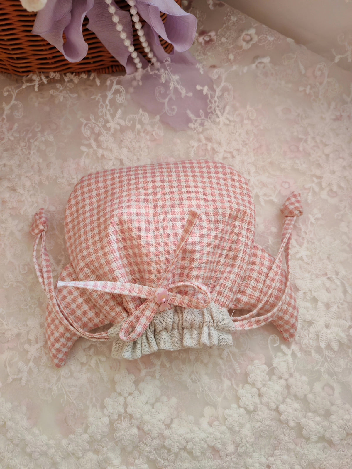 Handgemaakte Oudroze Gingham Katoenen Trekzak