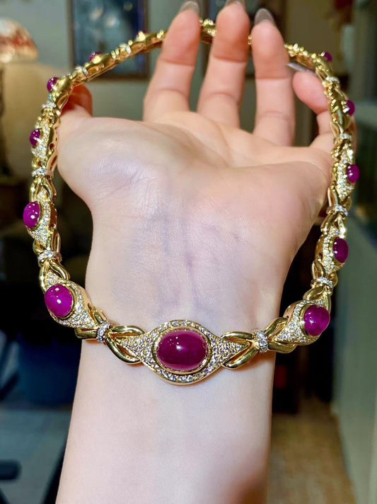 18K Gold Ruby and Diamond Cabochon Necklace, 42cm