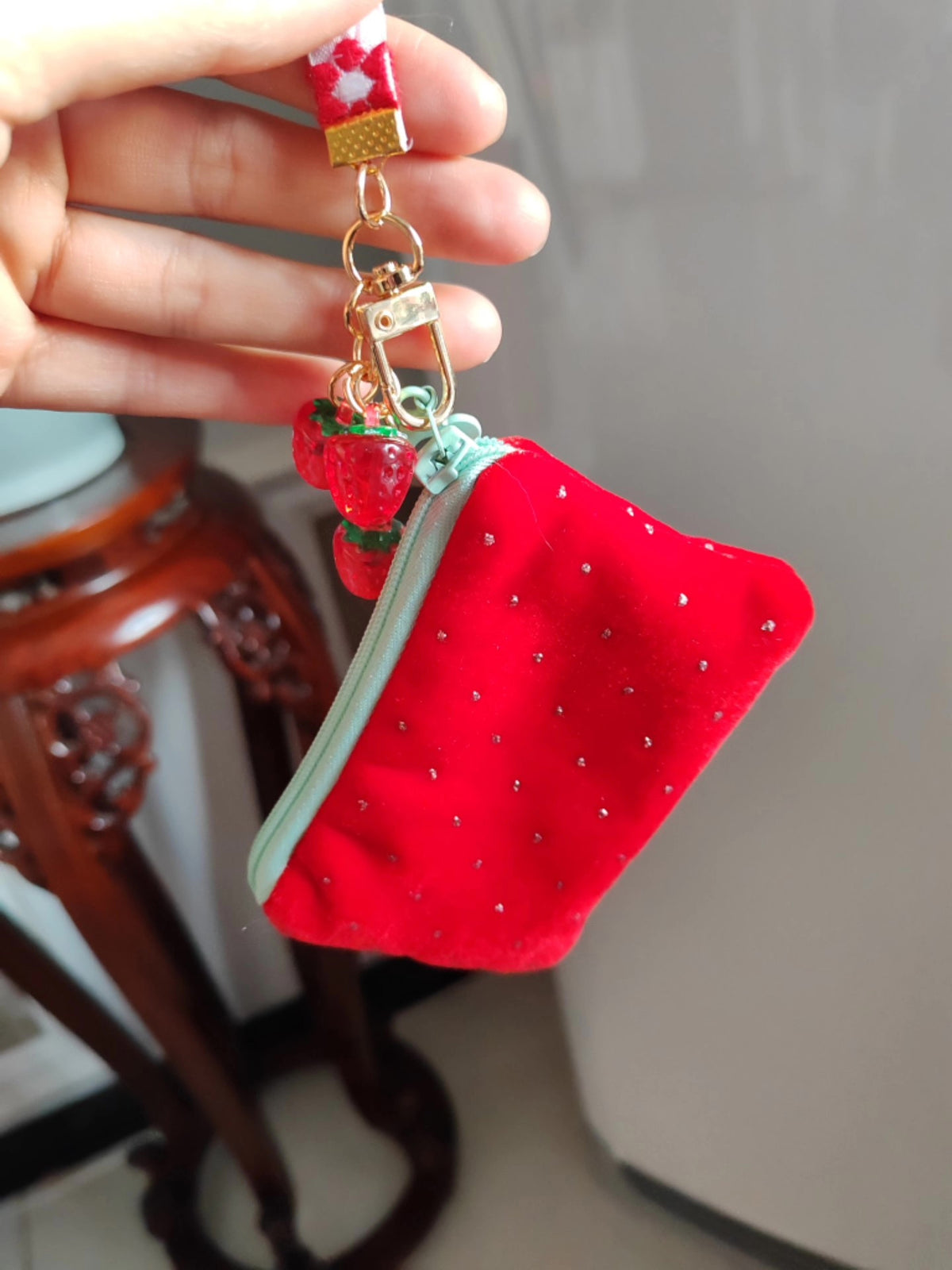 Rood fluwelen aardbei-etui met rits