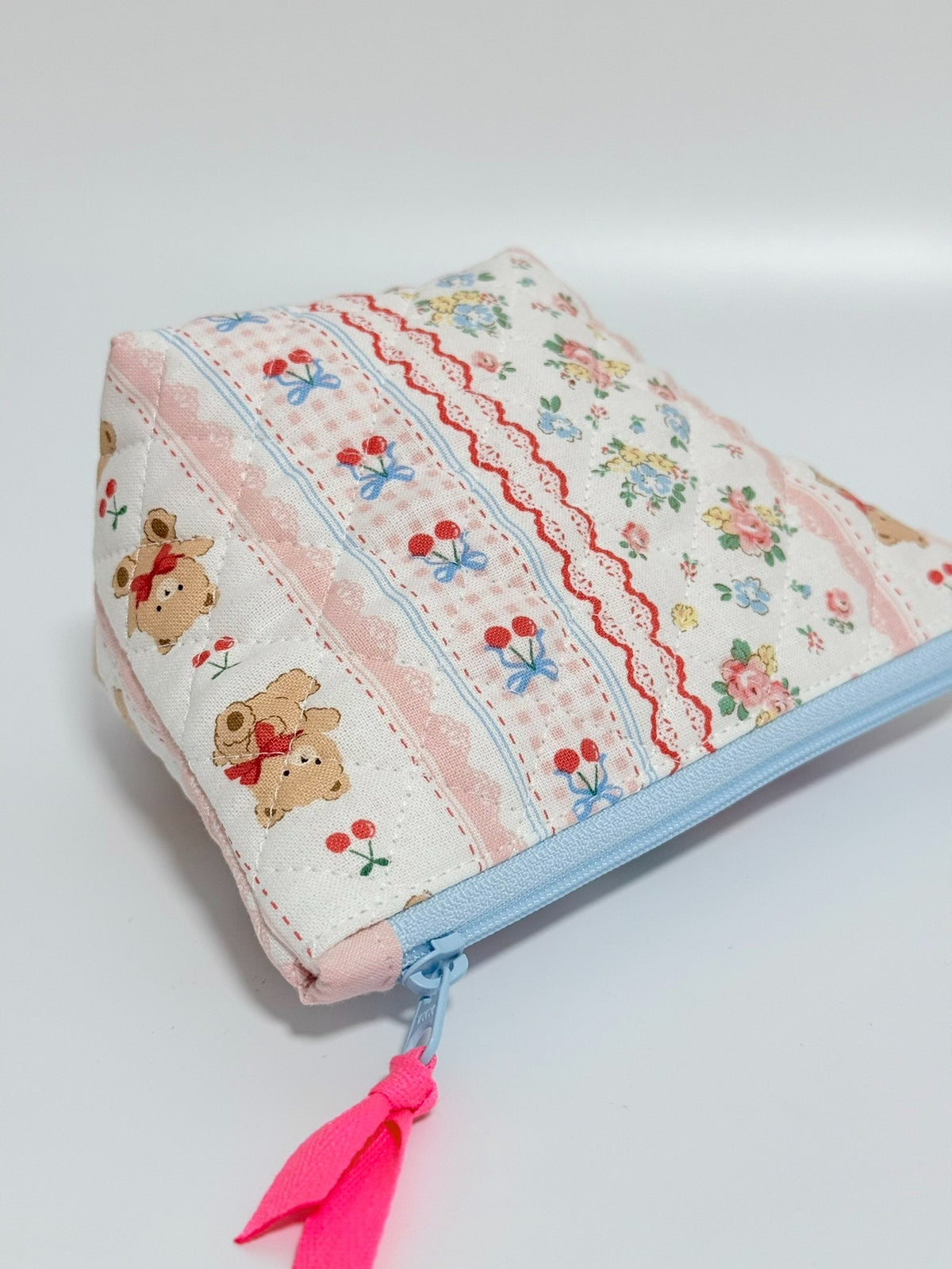 Quilted Patchwork Pouch with Teddy Bear Print