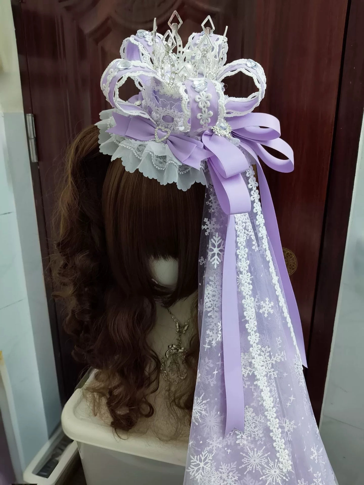 Handmade Purple Hexagonal Crown Lolita Hat with Long Veil