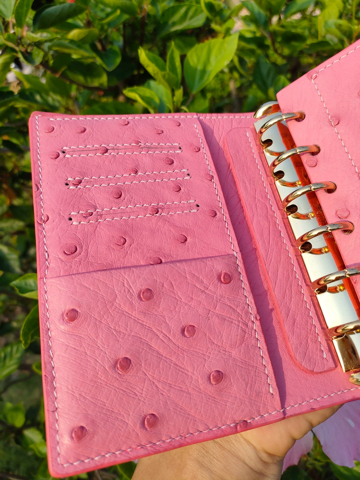 Pink Ostrich Leather A7 Ring Binder Journal