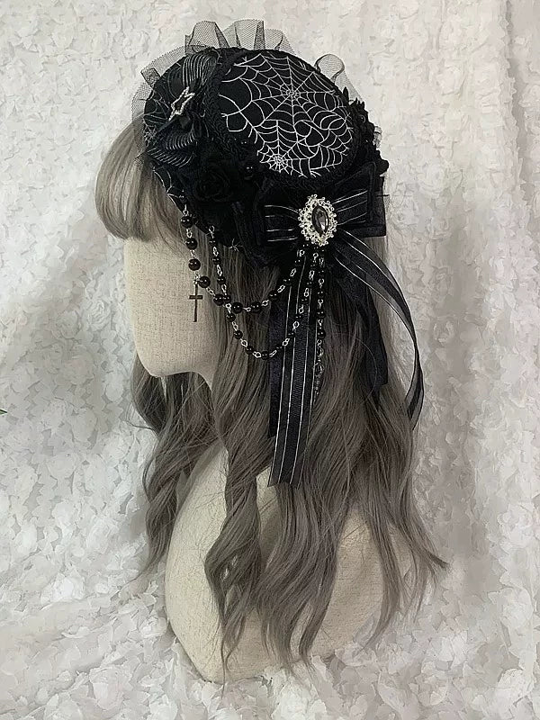 Sombrero Pillbox Gótico Lolita Negro con Telaraña Plateada