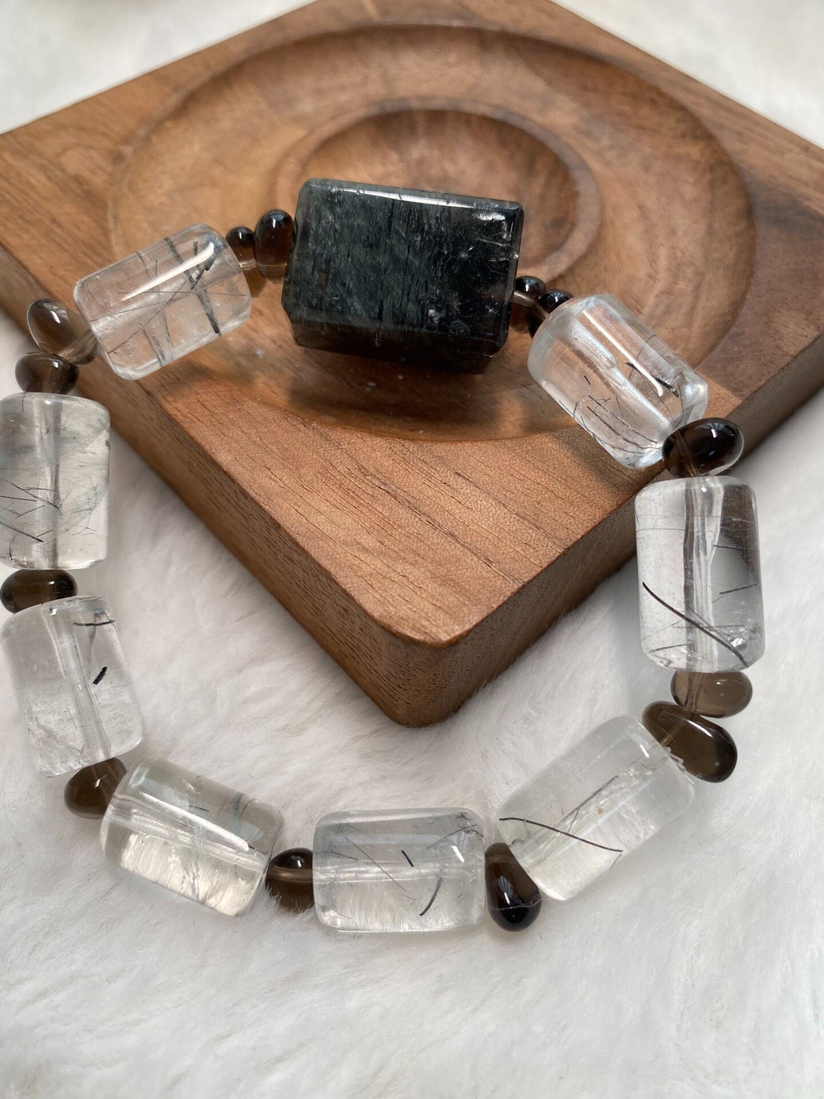 Black Hair Quartz Rectangular Bead Bracelet