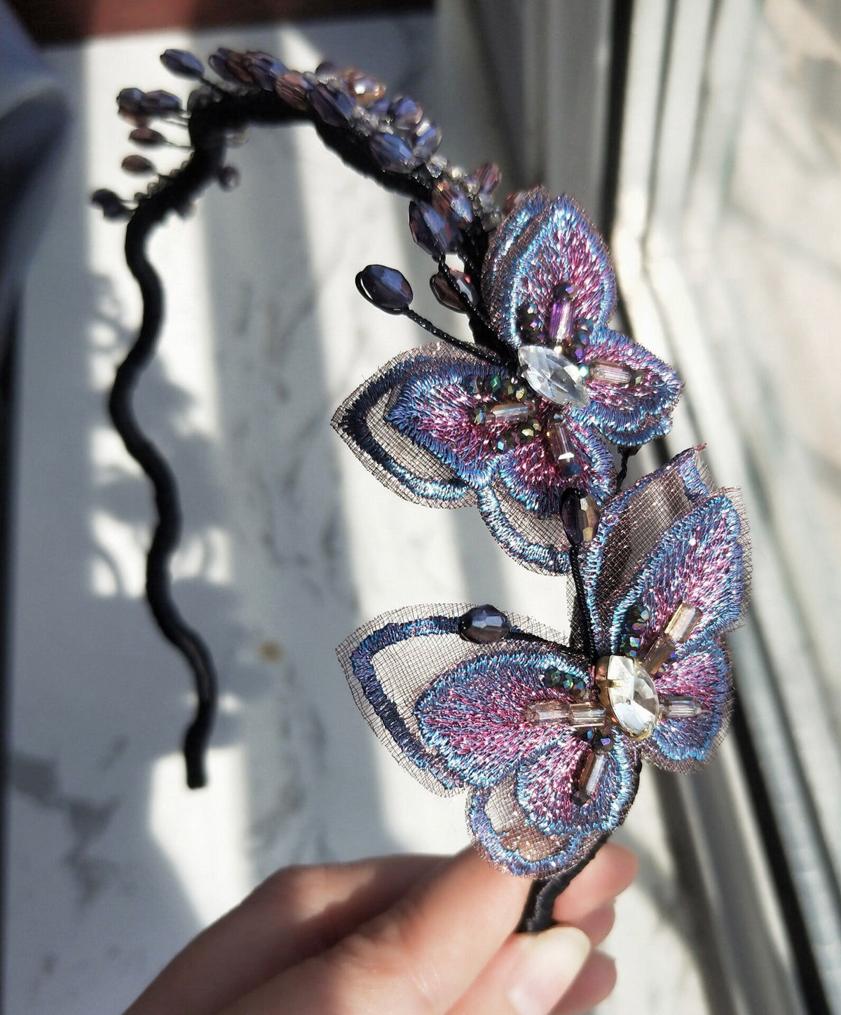 Embroidered Butterfly Crystal Vine Headband