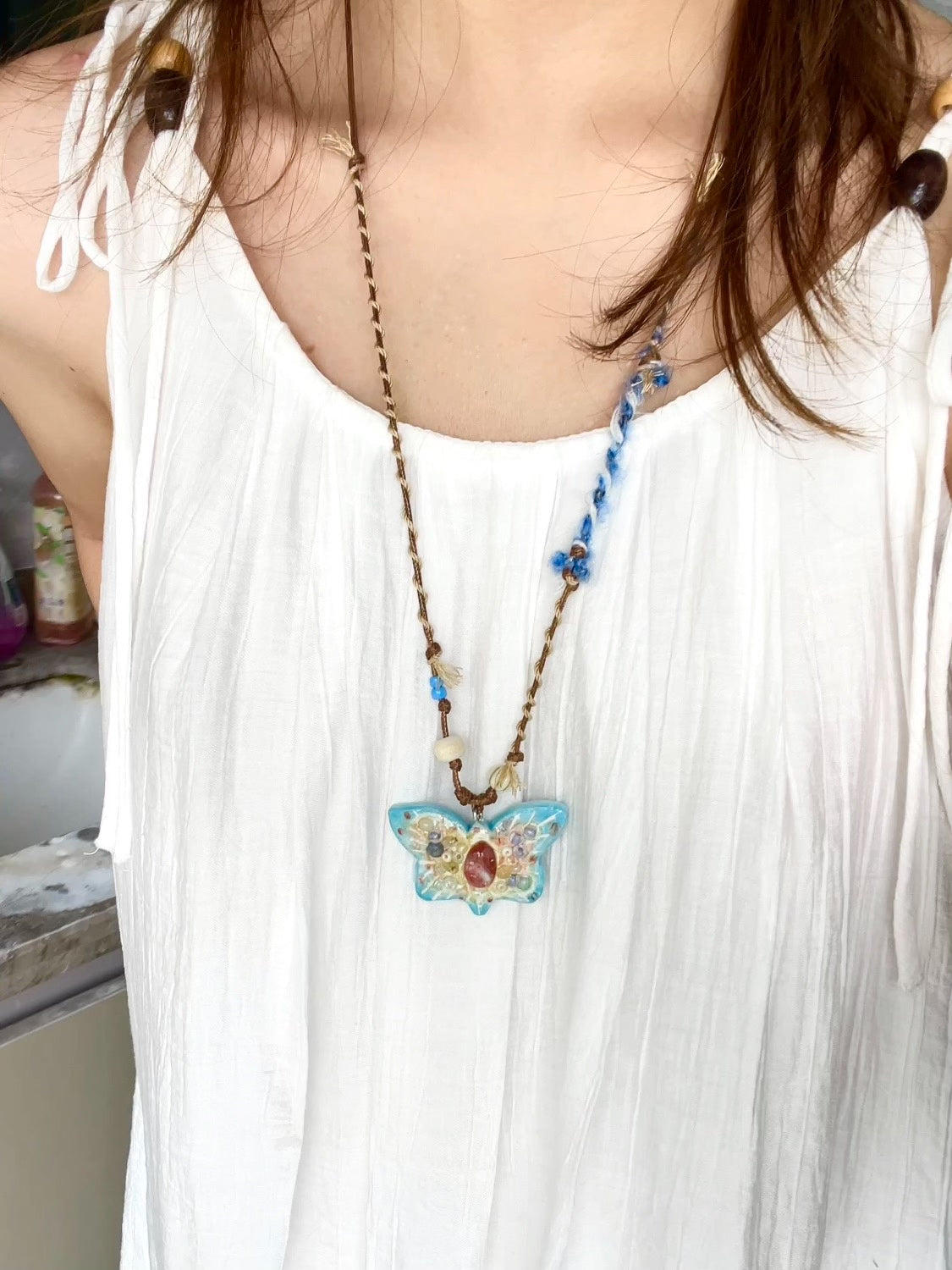Handcrafted Butterfly Agate Stone Clay Necklace