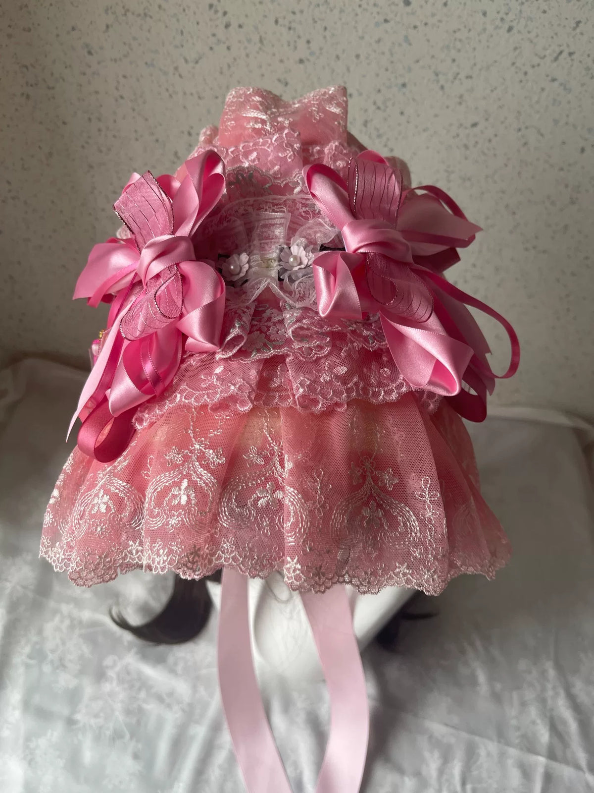 Sombrero Plano Lolita de Encaje Rosa con Lazos de Satén