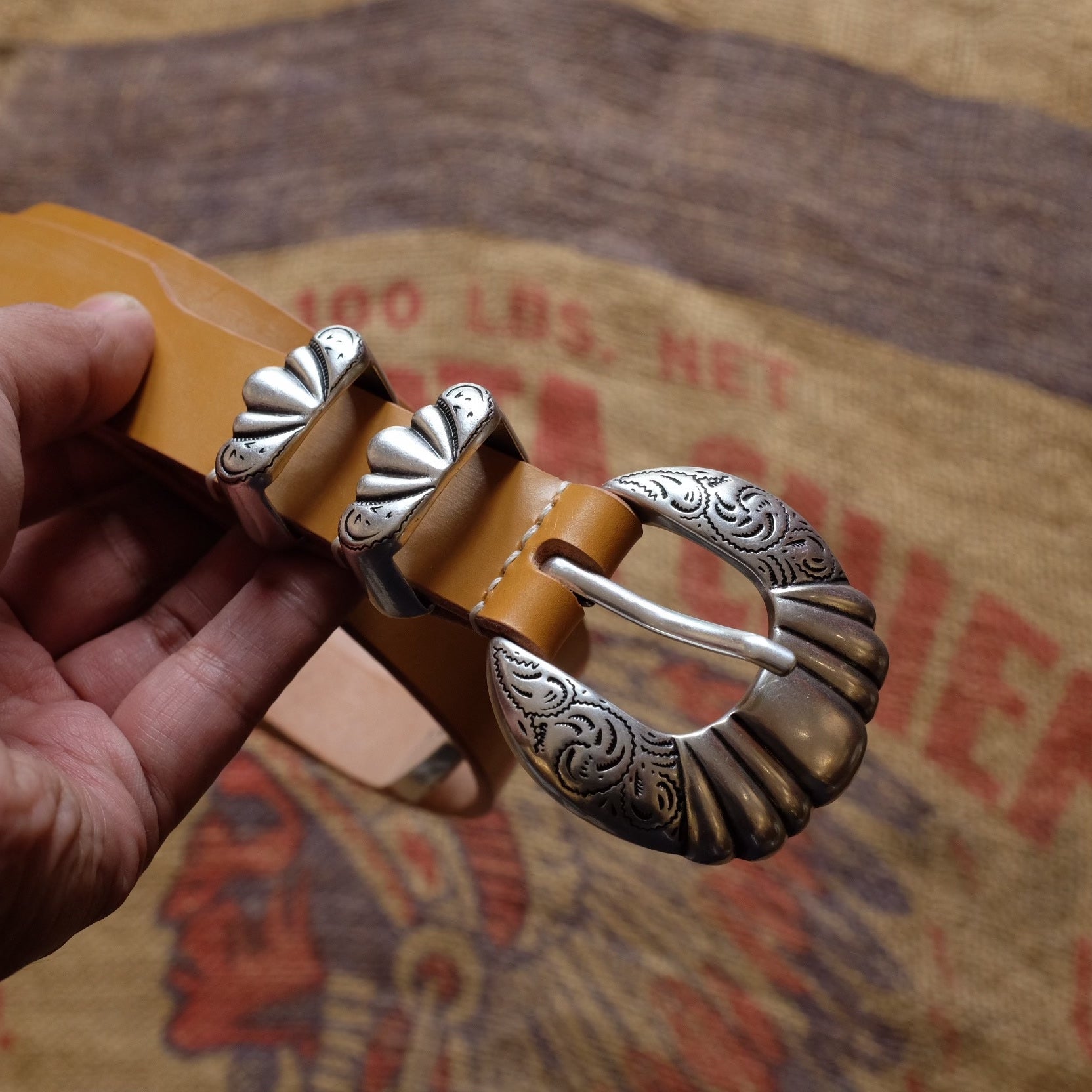 American Retro Carved Four-Piece Belt Set with Silver-Plated Copper Hardware and Tapered Leather Strap