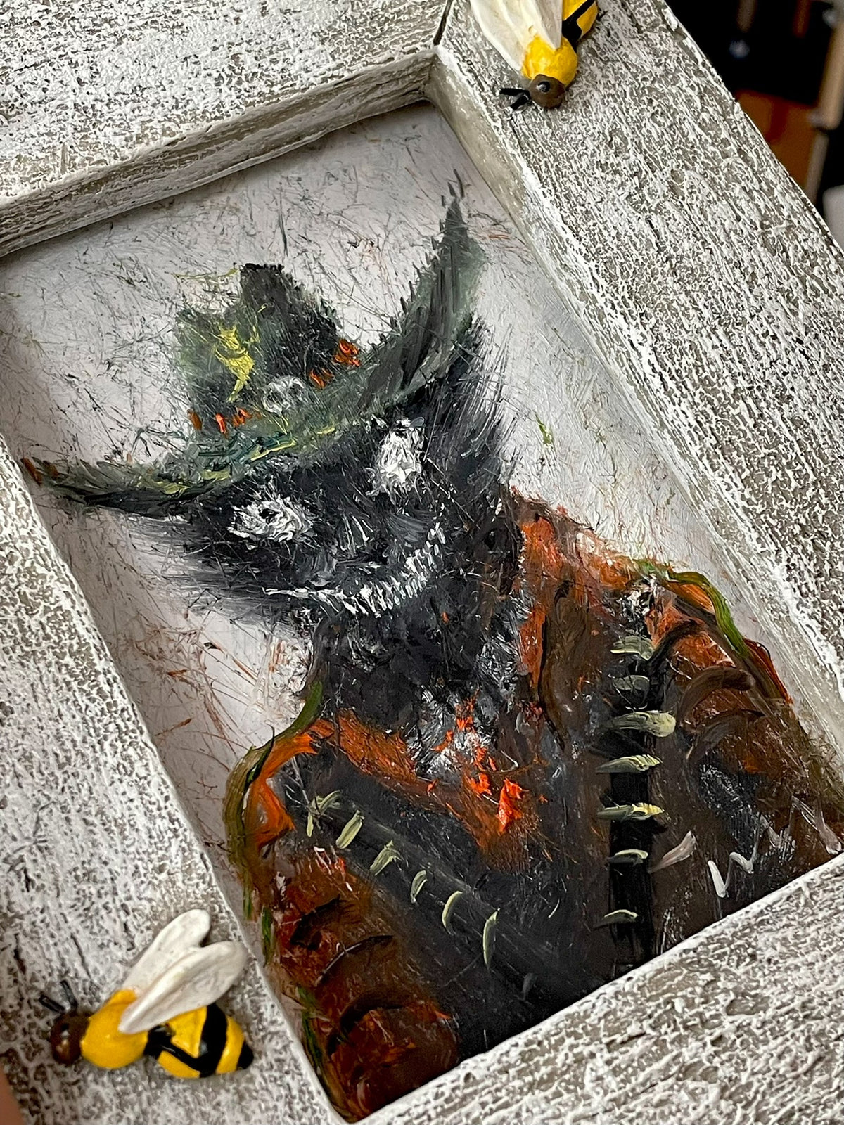 Denim Black Cat Hand Painted Oil Artwork