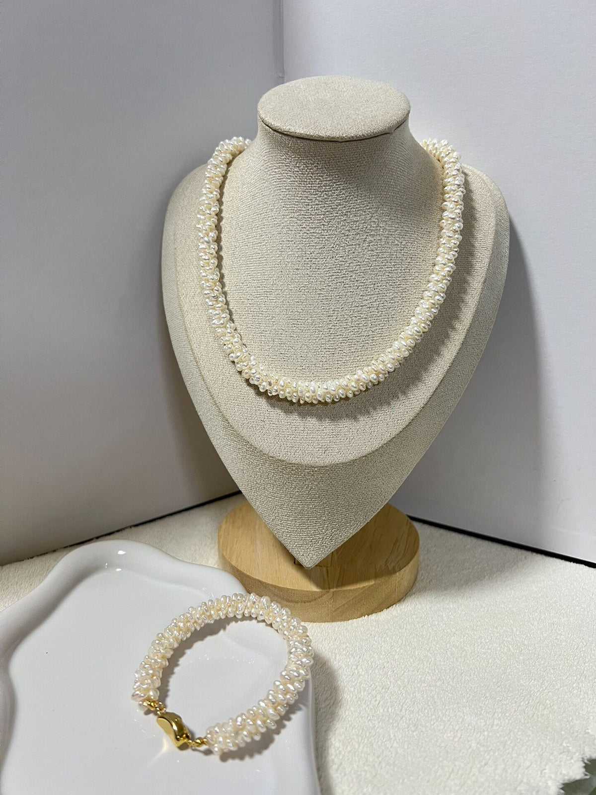 Freshwater Seed Pearl Caterpillar Necklace Bracelet Set
