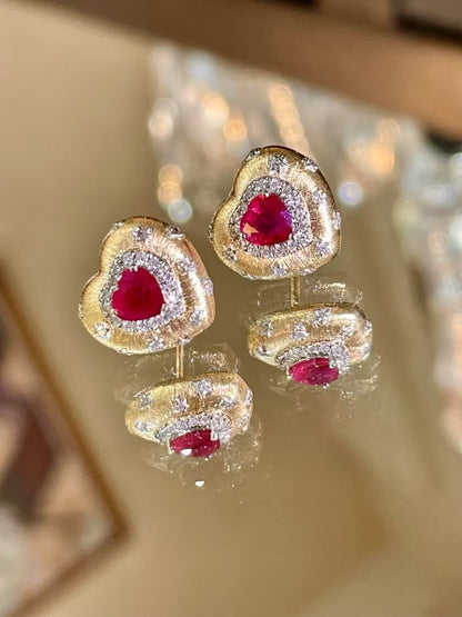 18K Gold Heart Stud Earrings with Red Gemstone and Brushed Finish