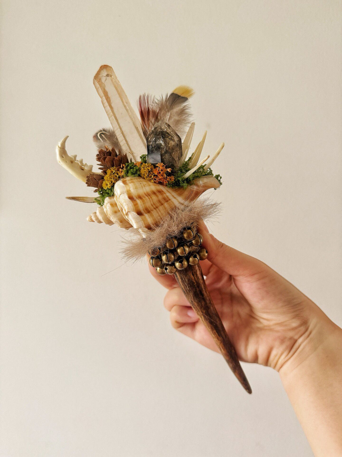 Witch Deer Antler Crystal Magic Wand with Shell