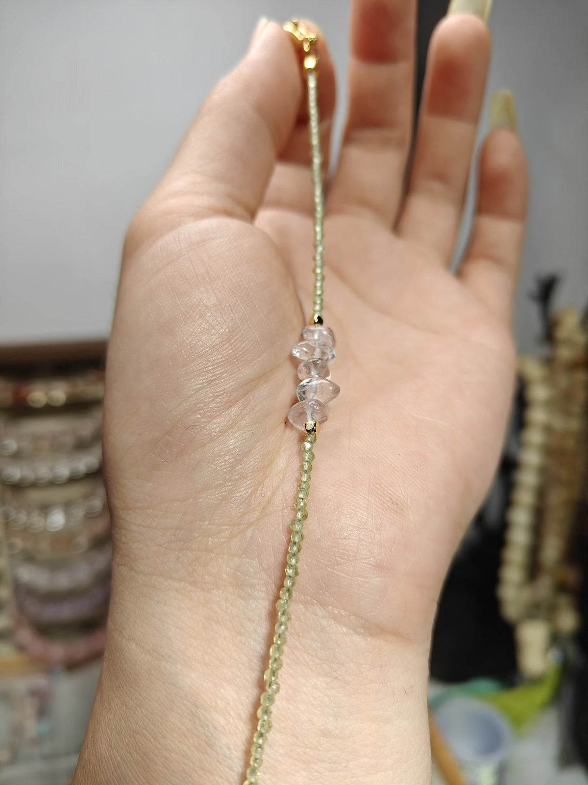 Handcrafted Peridot and White Quartz Bracelet