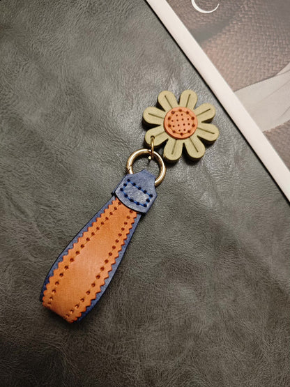 Handmade Leather Keychain Bag Charm with Flower and Zigzag Stitching