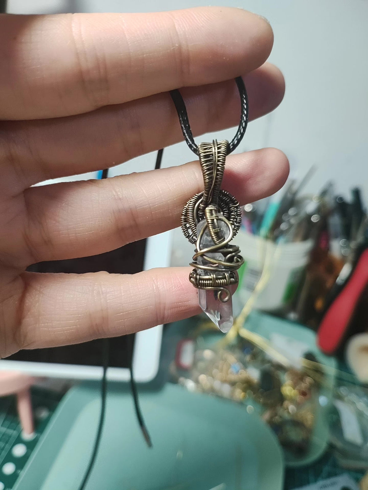 Brass Wire Wrapped Clear Quartz Pendant