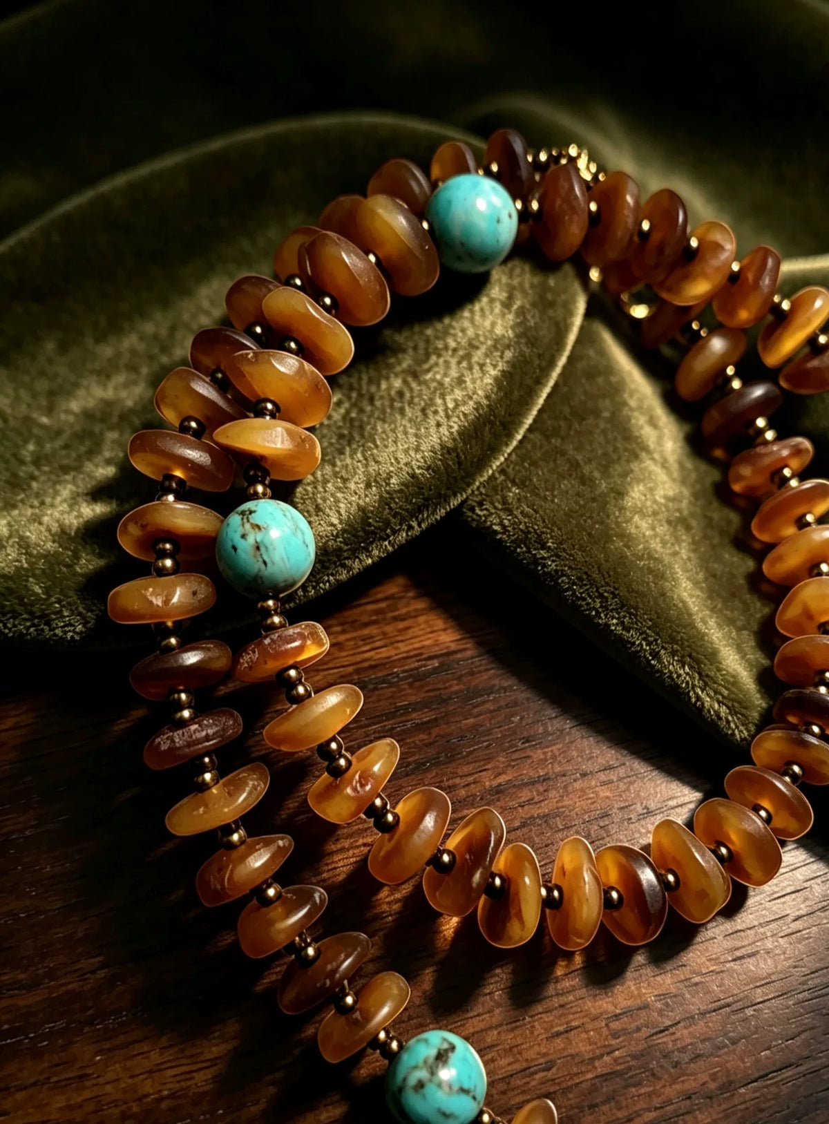Collier de perles ambre et turquoise 45 cm