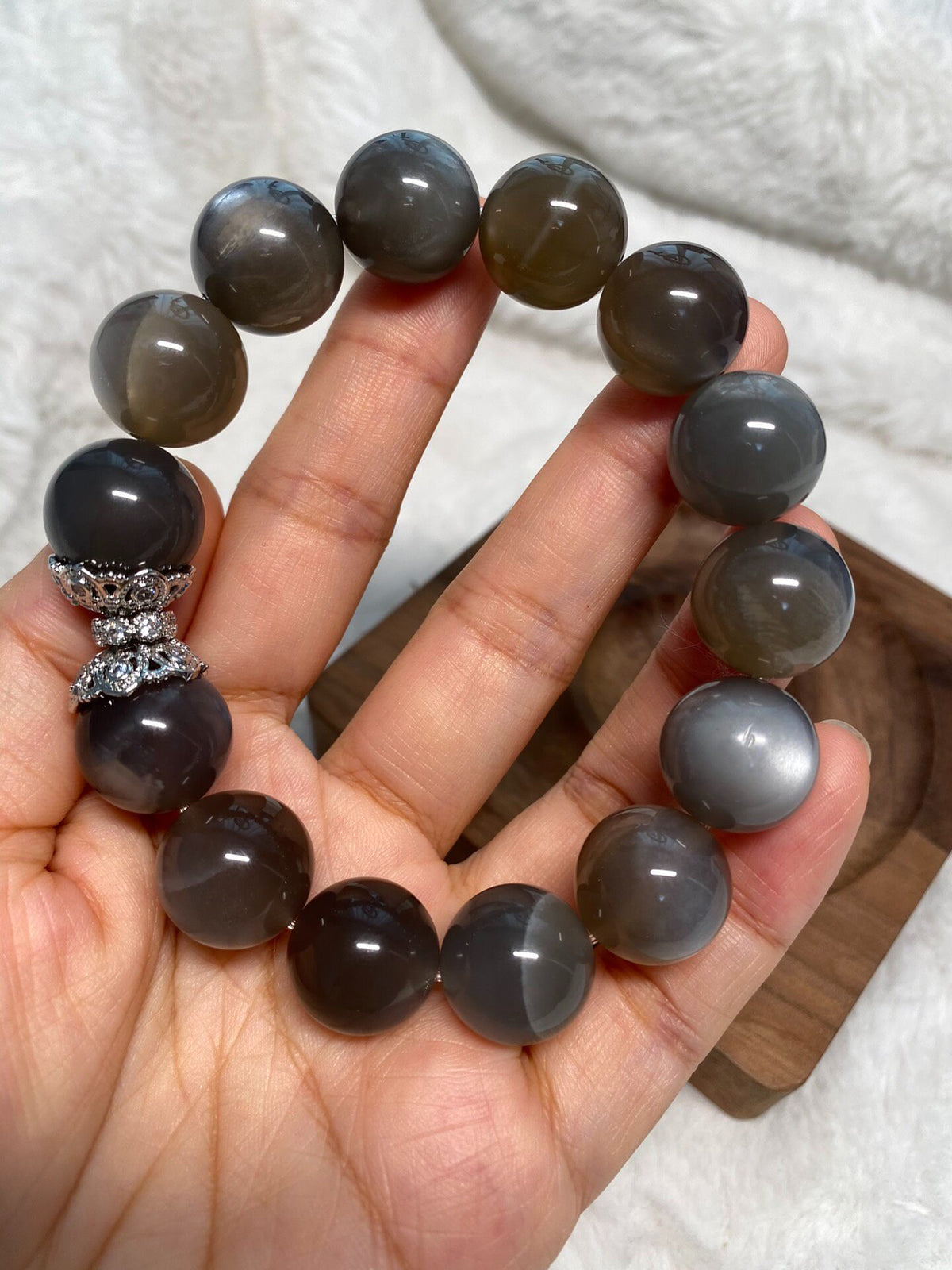Moonstone Beaded Bracelet 15mm Silver Charm
