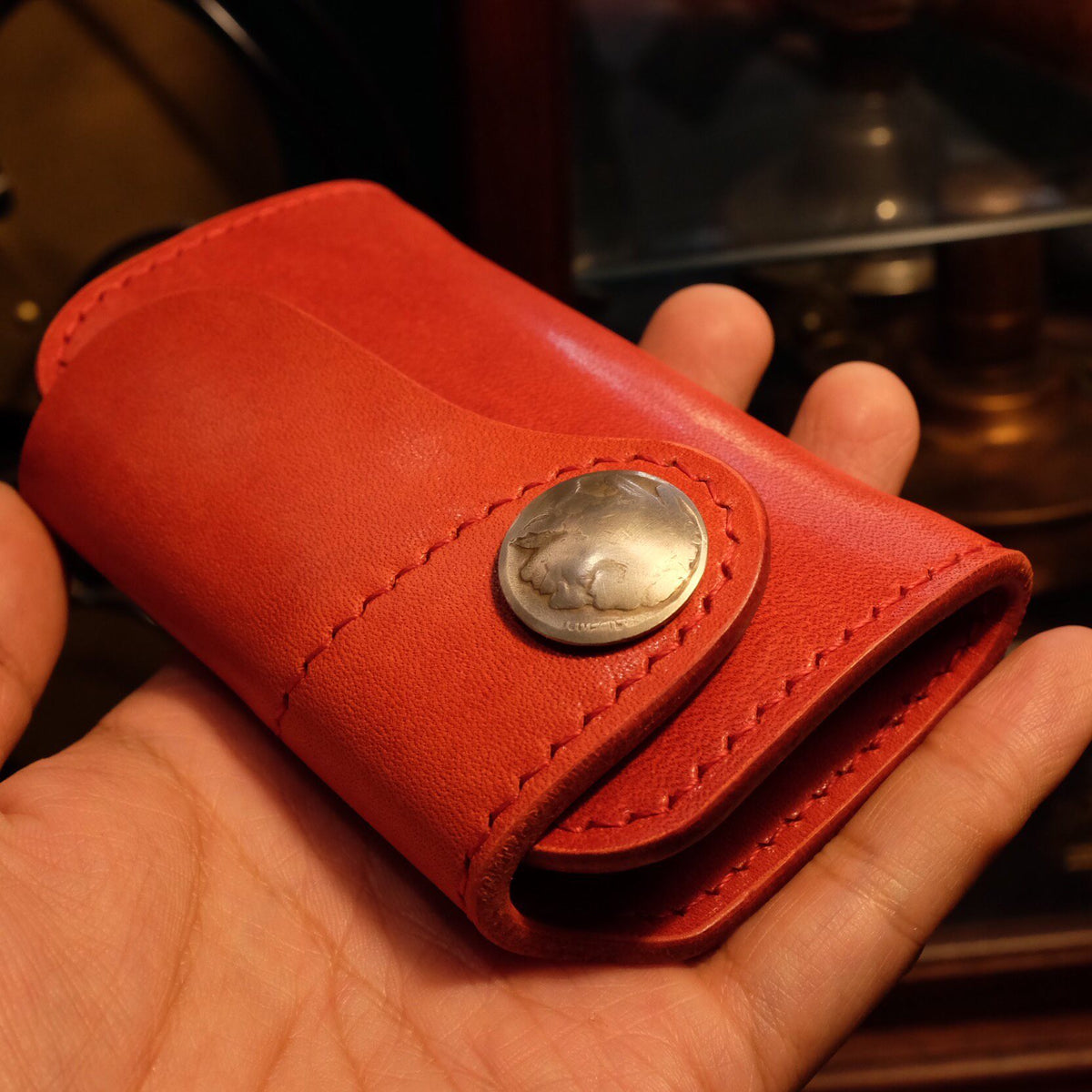 Red Leather Key Holder with Coin Button
