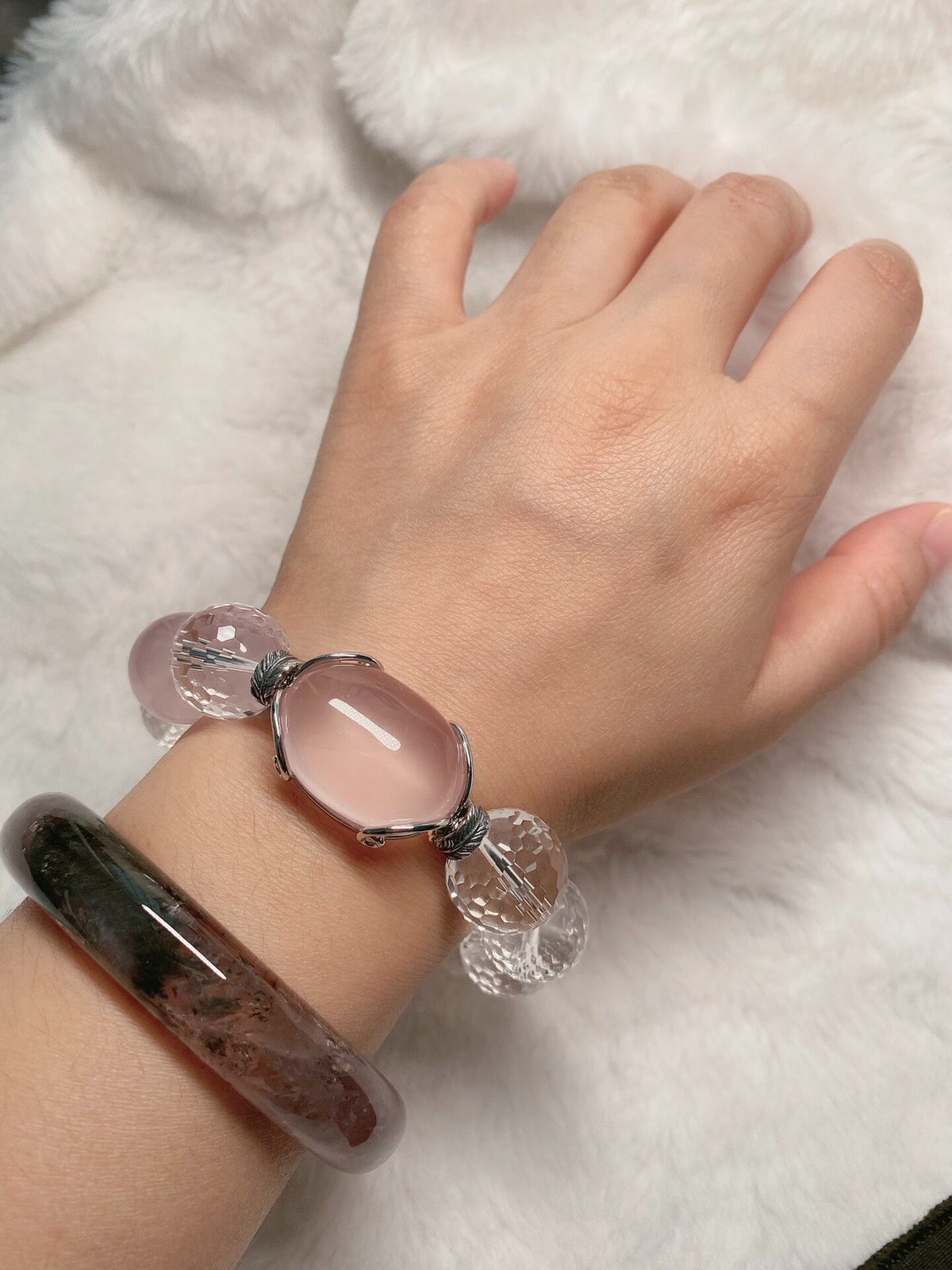 Rose Quartz Clear Quartz Silver Beaded Bracelet