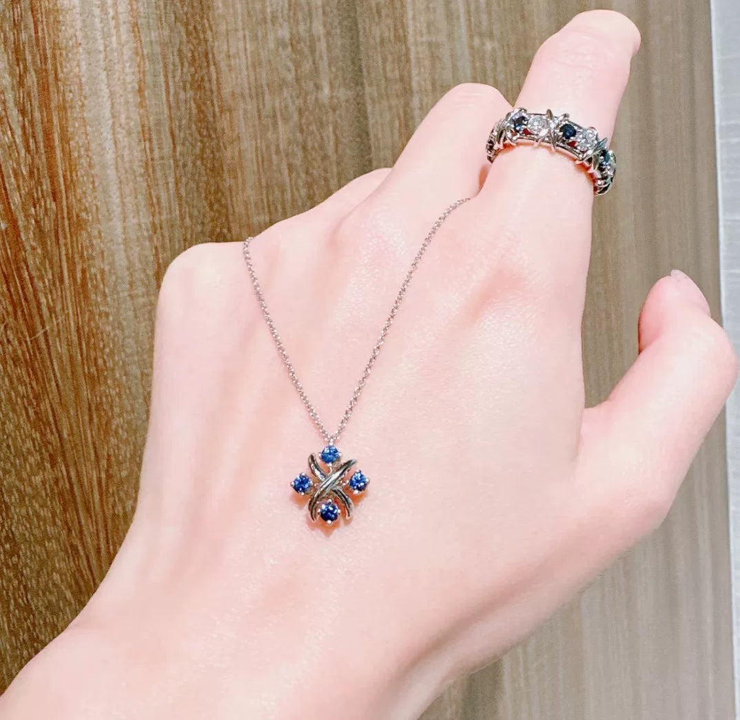 Collier pendentif croisé argent S925 bleu royal