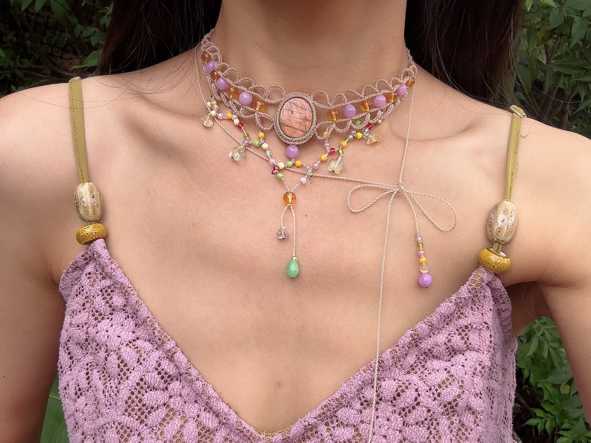 Pink Raw Stone Macrame Choker Necklace