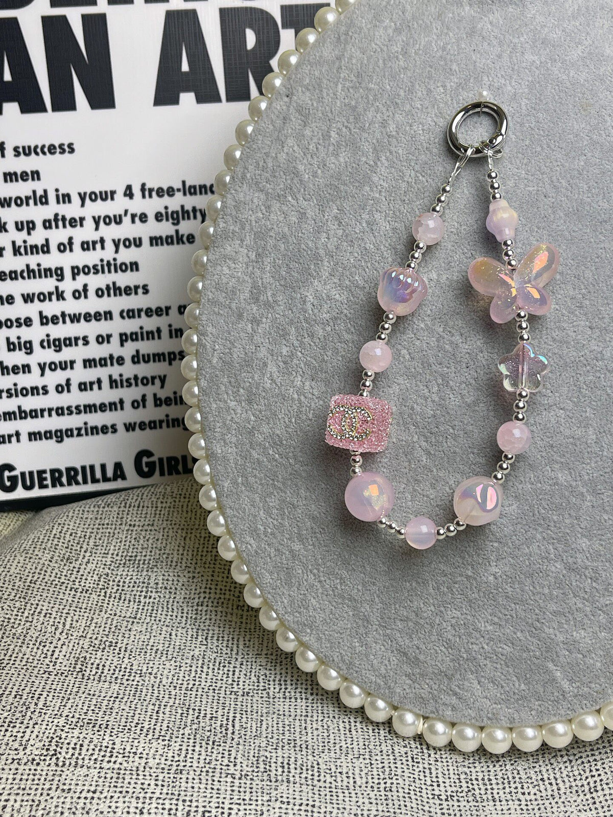 Transparent Beaded Phone Charm with Butterfly Design