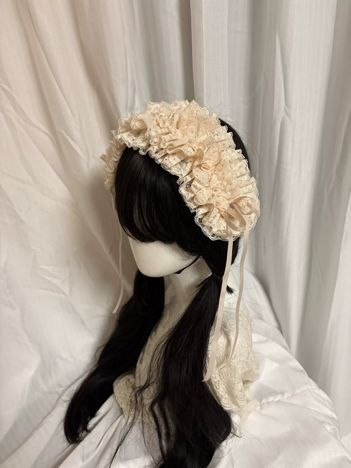 Cream Ruffled Lace Headband with Satin Bows