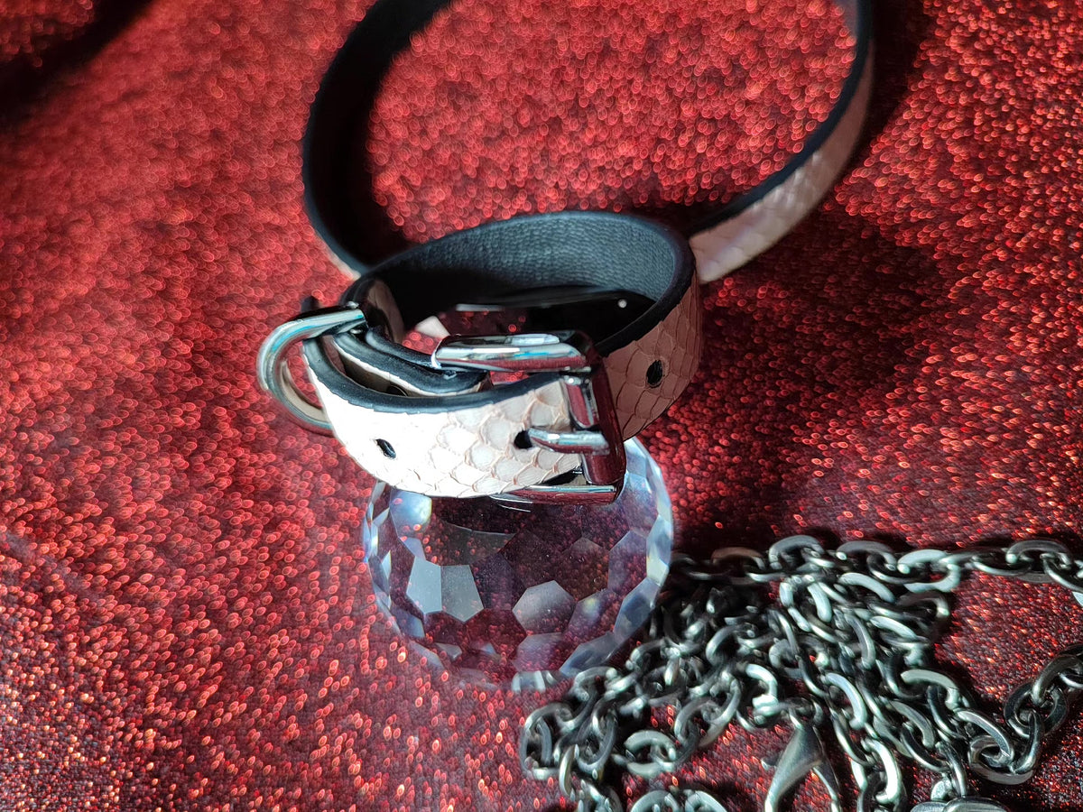 Pink Snakeskin Black Leather Pet Collar Bracelet Set