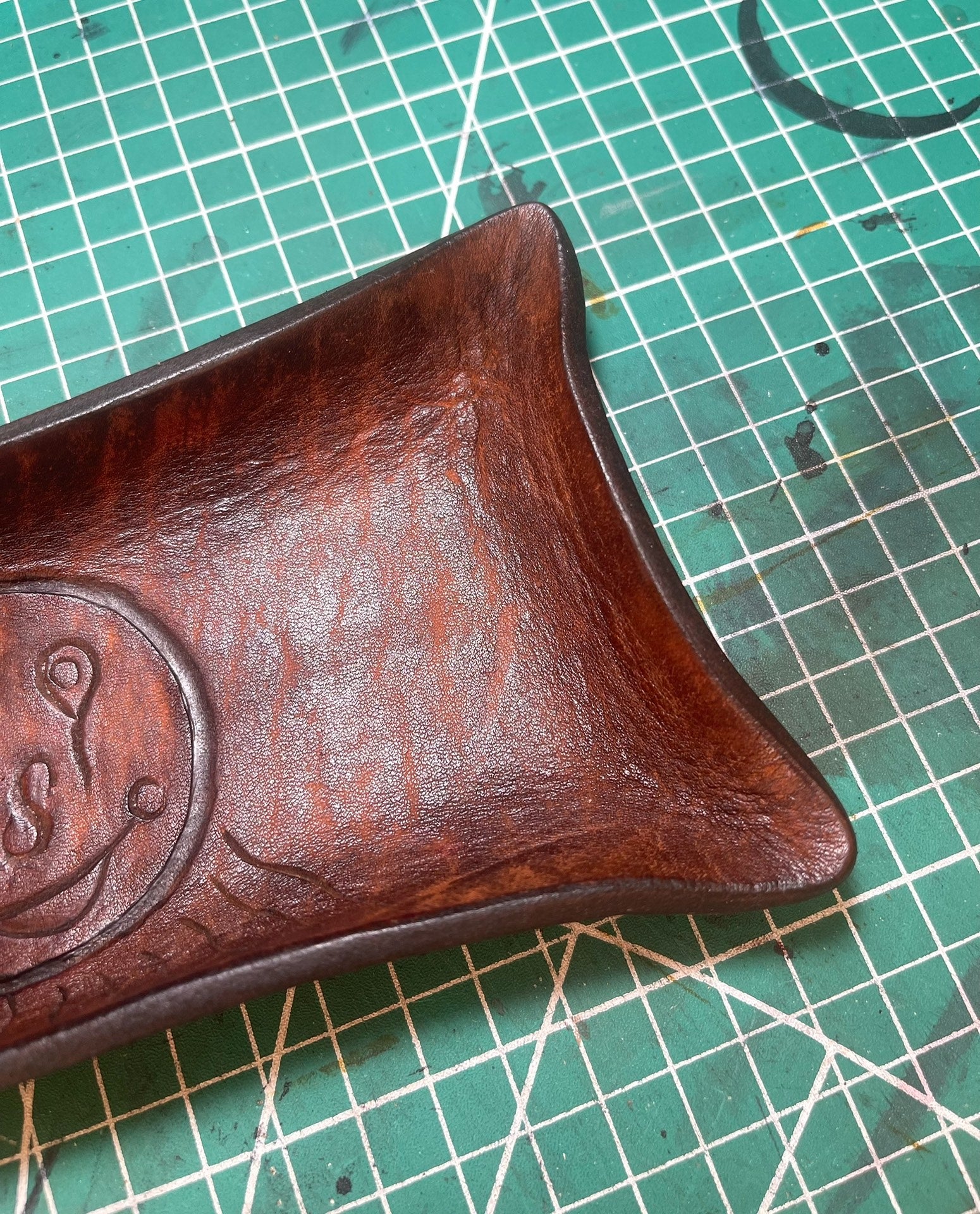Hand-Carved Full-Grain Leather Pillow Tray with Embossed Center Motif