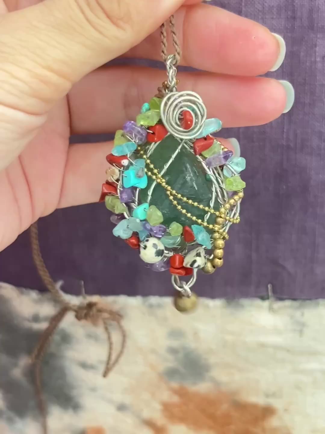 Handmade Copper Wire Wrapped Green Fluorite Pendant
