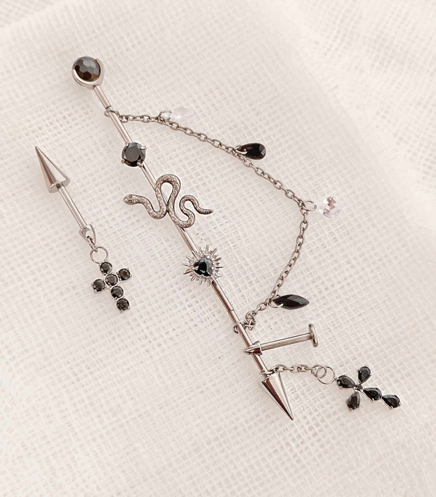 Titanium Alloy Ear Cartilage Jewelry Set with Snake, Spikes, Chain, and Cross Charms