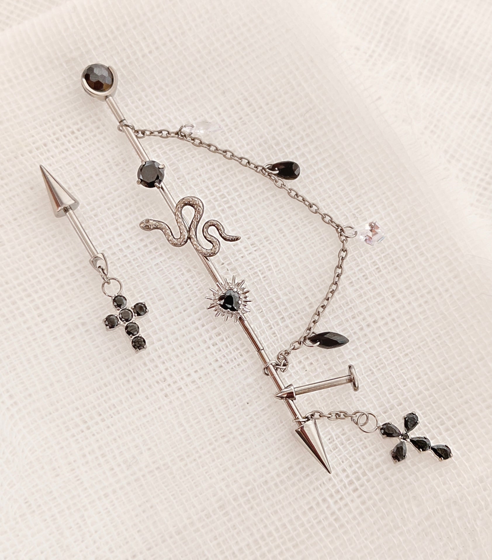 Titanium Alloy Ear Cartilage Jewelry Set with Snake, Spikes, Chain, and Cross Charms