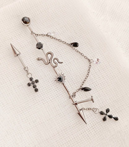 Titanium Alloy Ear Cartilage Jewelry Set with Snake, Spikes, Chain, and Cross Charms
