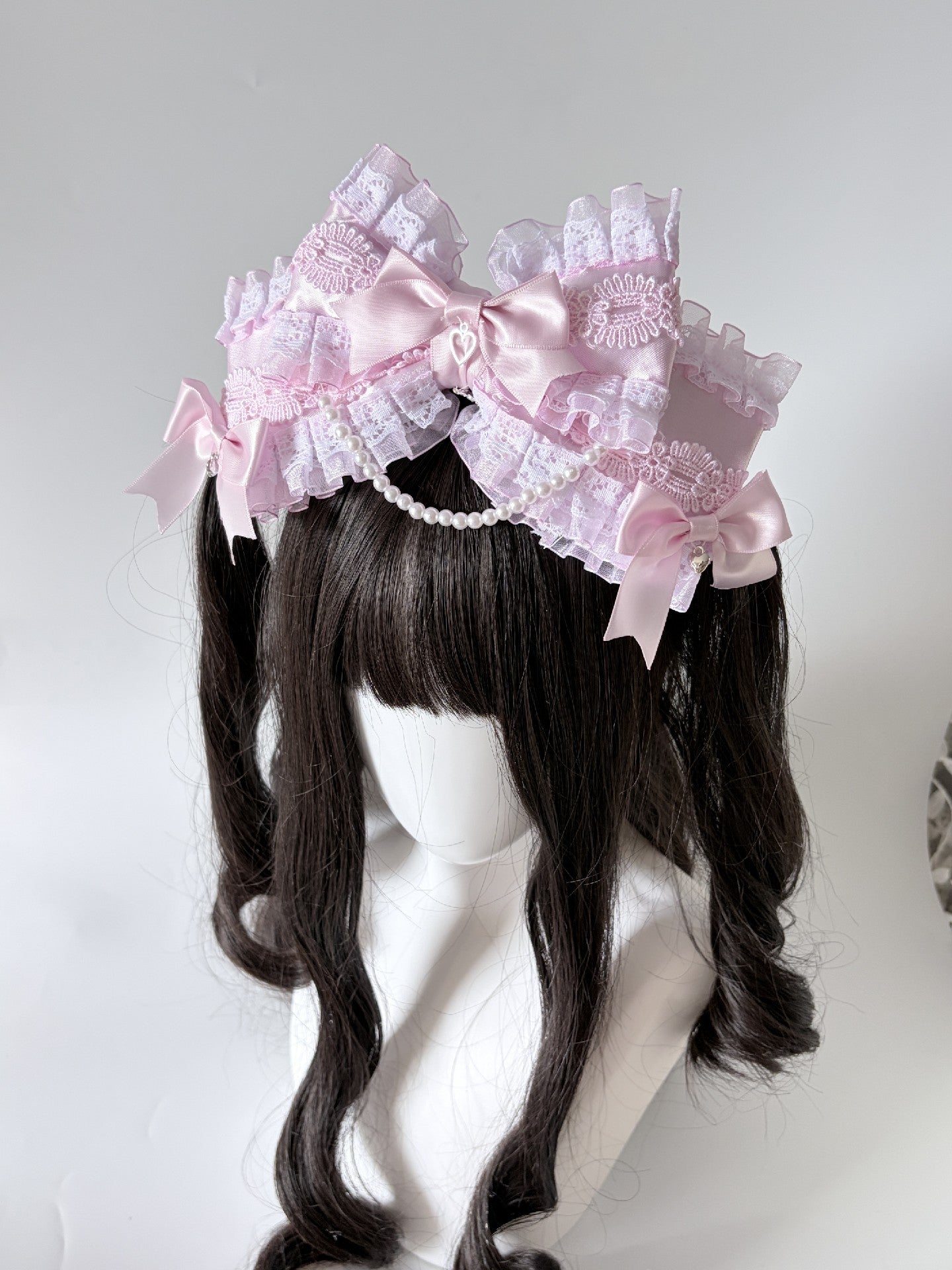 Pink Large Multi-Layer Bow Lolita Headband with Lace and Pearl Charms
