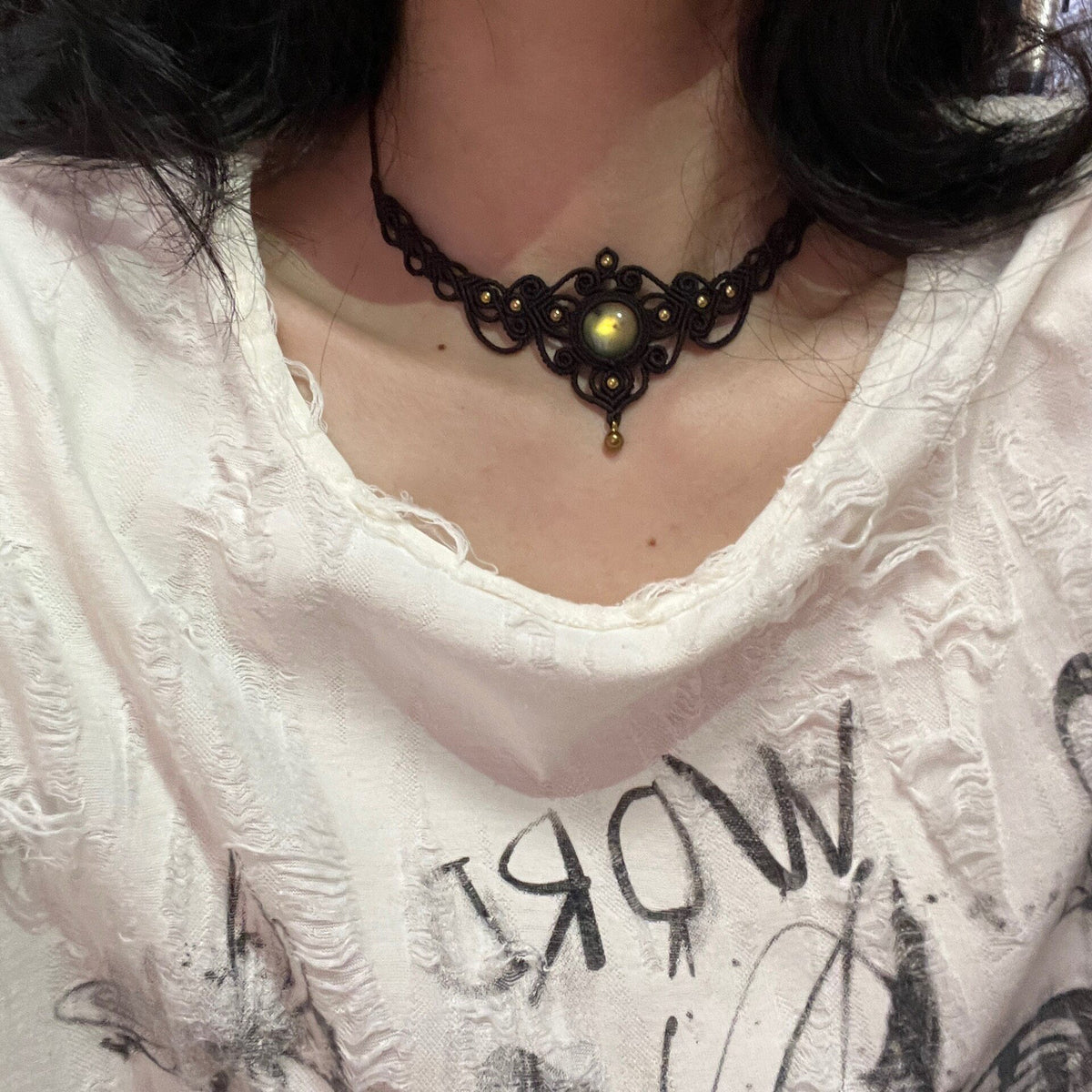 Macrame Waxed Cord Necklace with Labradorite