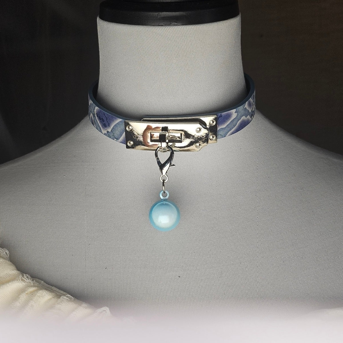 Handcrafted Leather Choker with Blue Cloud Pattern