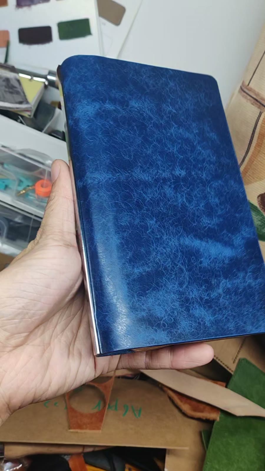 Couverture de semier A6 en cuir bleu à 6 anneaux