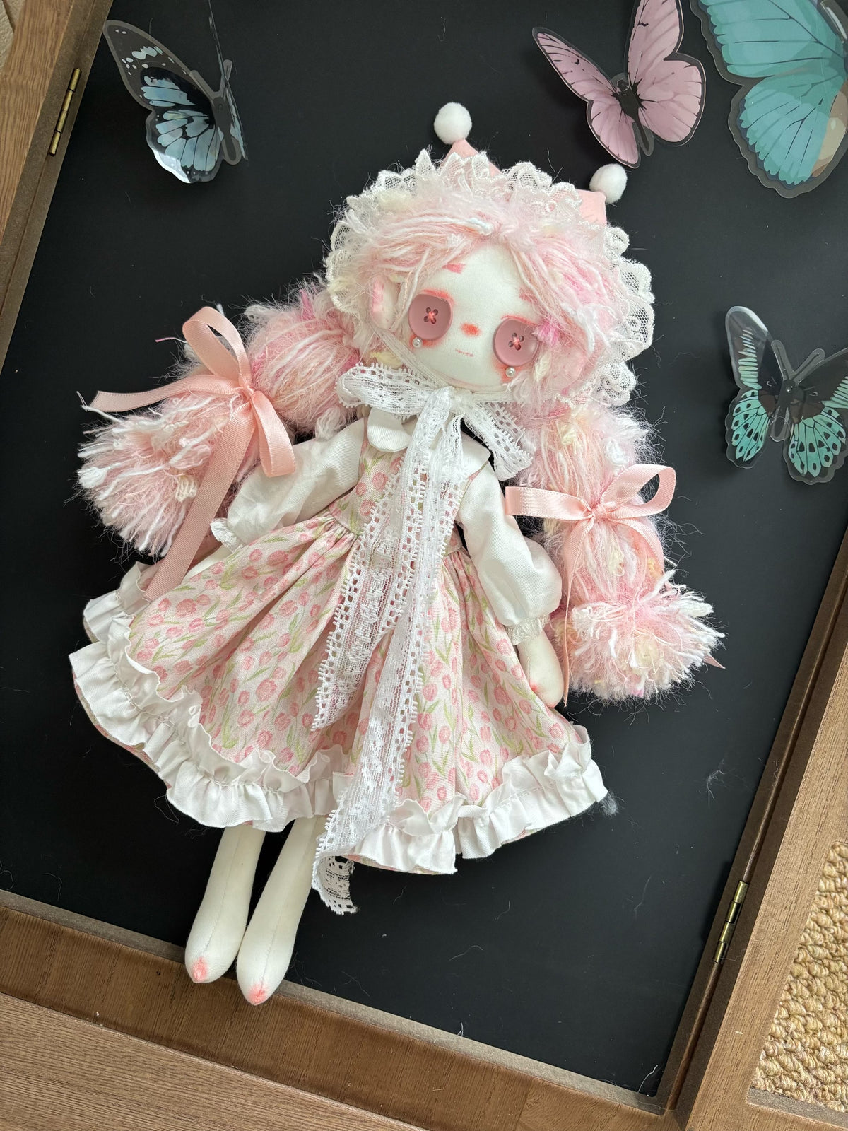 Boneca Artística de Pano Rosa Artesanal 30 cm