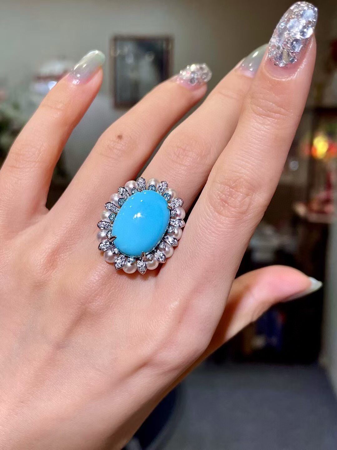 18K Gold Ring with Oval Cabochon Blue Sleeping Beauty Turquoise, Pearl Halo, and Diamond Accents