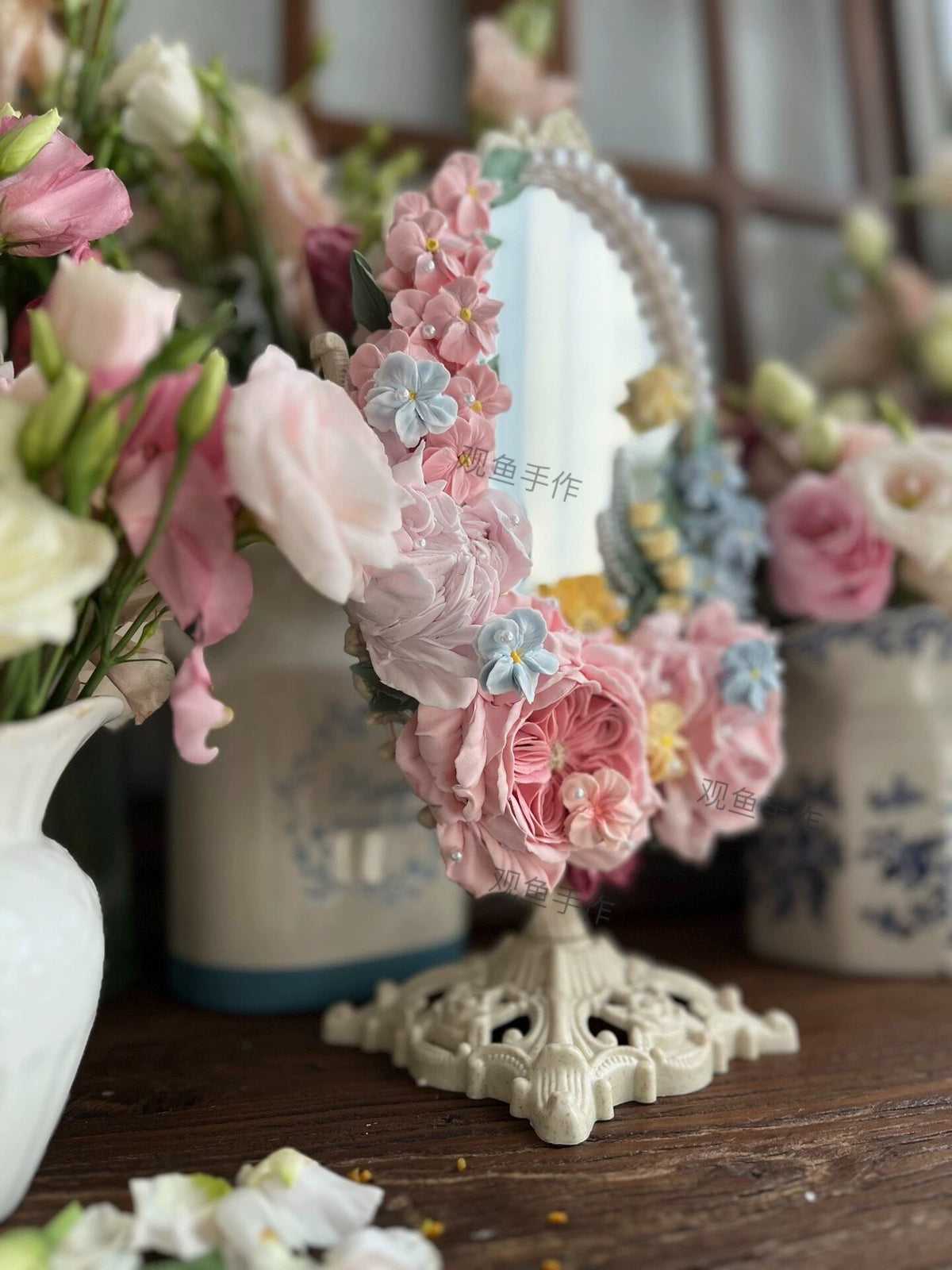 Clay Flower Decorated Standing Mirror