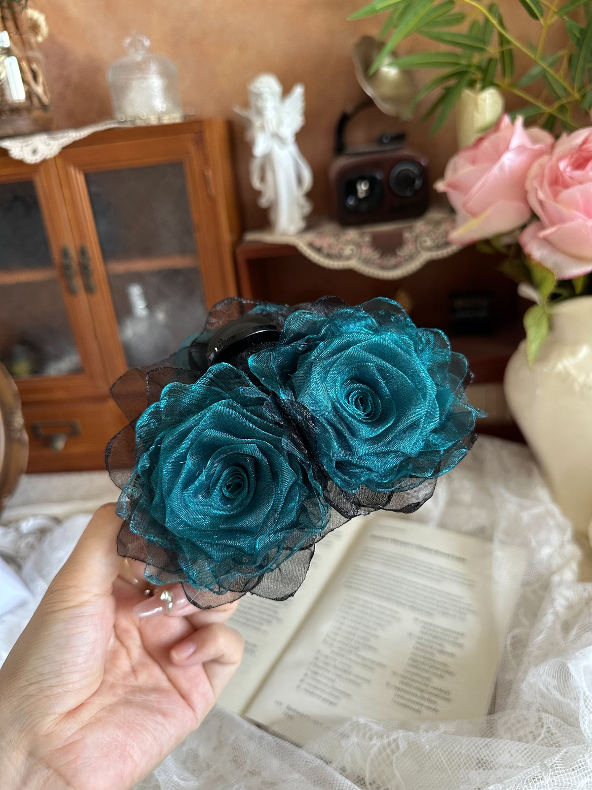 Handcrafted Peacock Blue Fabric Rose Hair Clip