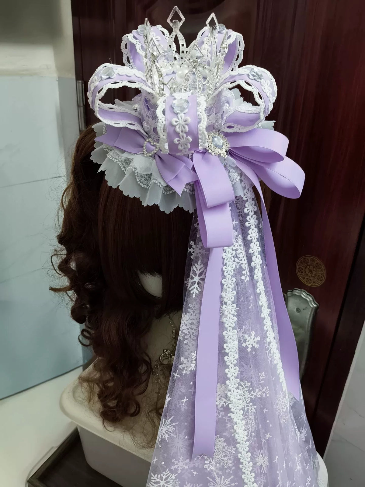 Handmade Purple Hexagonal Crown Lolita Hat with Long Veil